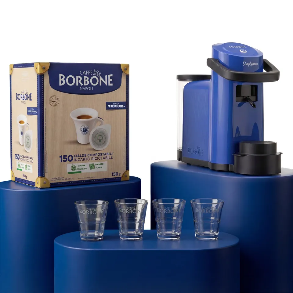 caff-borbone-kit-simplymoon-blu-300-cialde-miscela-blu-8-bicchierini-vetro image 1