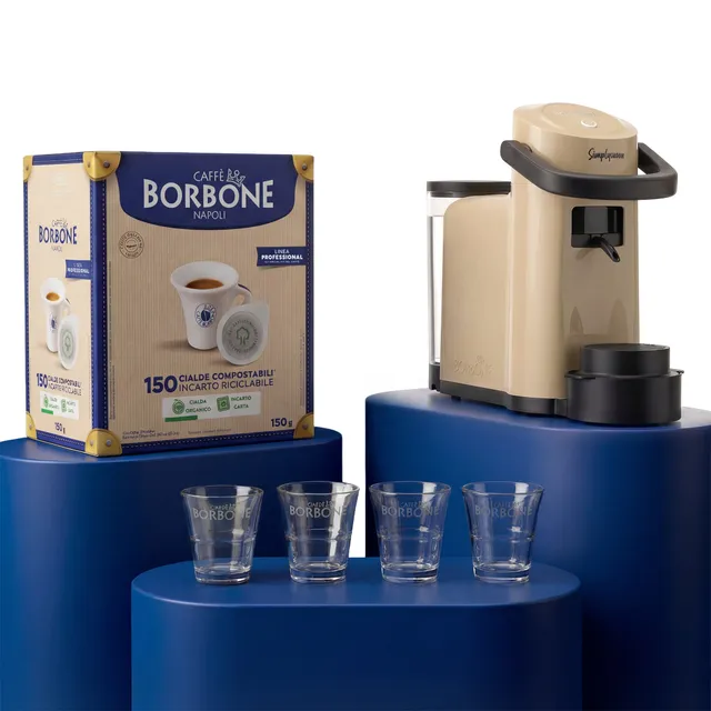 caff-borbone-kit-simplymoon-beige-300-cialde-blu-8-bicchierini-vetro image 1