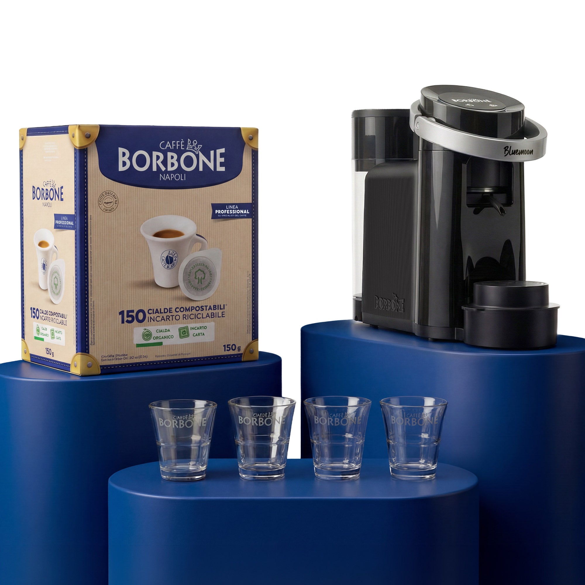 caff-borbone-kit-bluemoon-nera-300-cialde-blu-8-bicchierini-vetro image 1