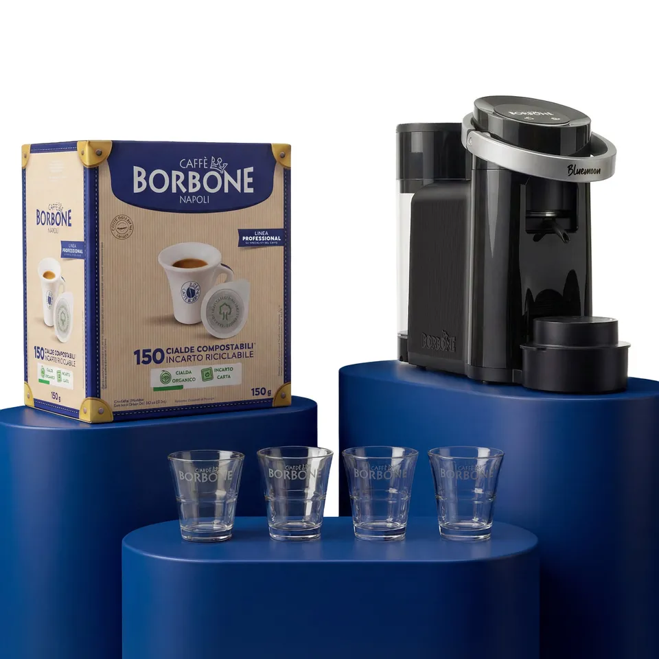 caff-borbone-kit-bluemoon-nera-300-cialde-blu-8-bicchierini-vetro image 1
