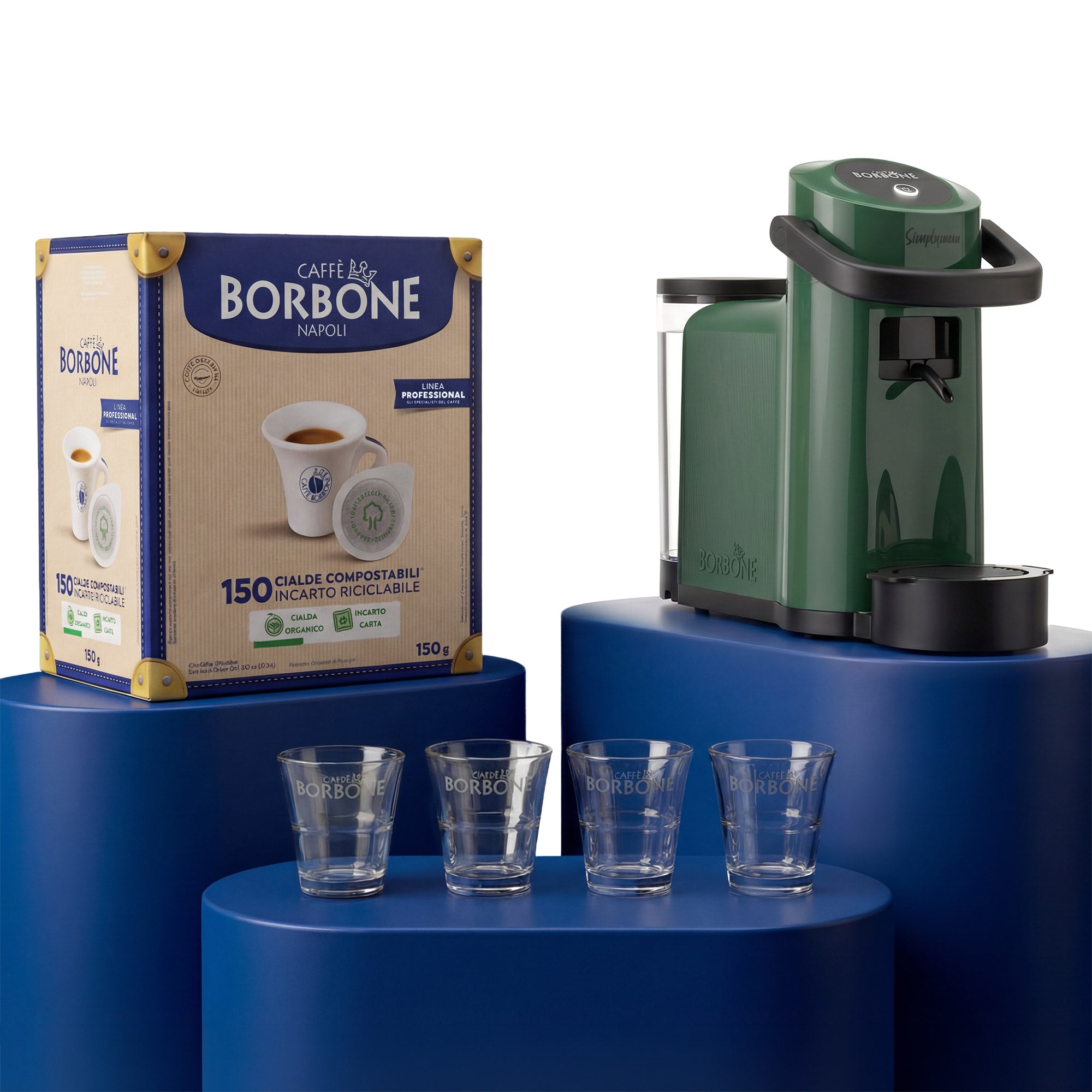 caff-borbone-kit-simplymoon-verde-con-300-cialde-miscela-blu-e-8-bicchierini-vet image 1