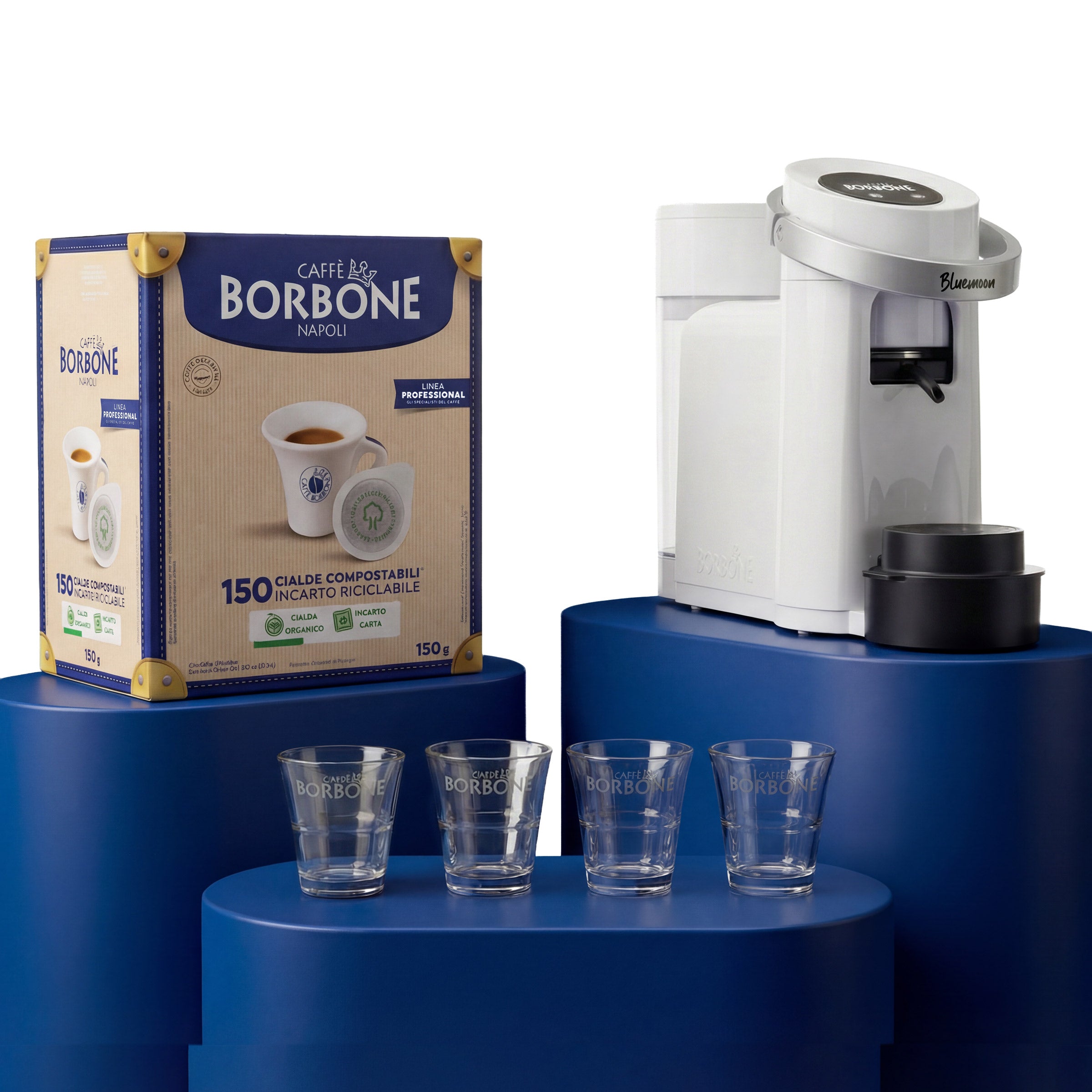 caff-borbone-kit-bluemoon-bianca-300-cialde-miscela-blu-8-bicchierini-vetro image 1