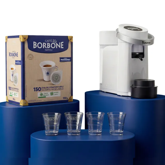 caff-borbone-kit-bluemoon-bianca-300-cialde-miscela-blu-8-bicchierini-vetro image 1