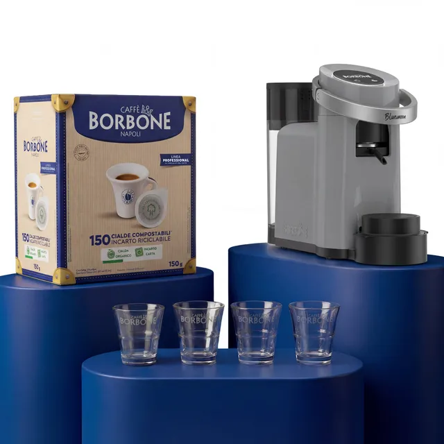 caff-borbone-kit-macchina-bluemoon-grigia-300-cialde-miscela-blu-8-bicchierini-v image 1